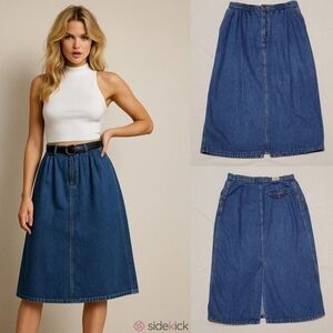 70s Vintage Male Mid-Wash Stone Wash Pleated Split Back Midi Denim Skirt L